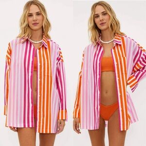 Beach Riot Alexa Striped Button Down Cover Up | Pink Orange | S/M | 100% Cotton